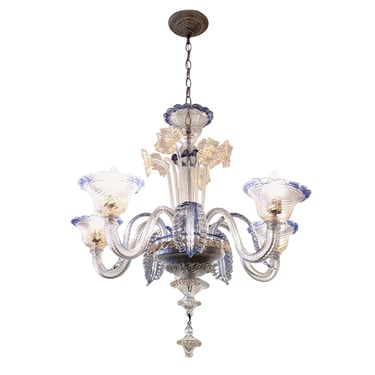 Vintage 5 Arm Murano Clear Glass with Blue Flowers Chandelier