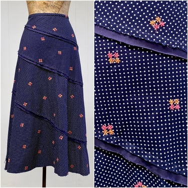 Vintage Junya Watanabe Comme des Garçons Embroidered Cotton Maxi Skirt, Tiered Navy Polkadot w/Floral Embroidery, Size Small 28