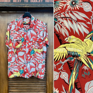 Vintage 1940’s Parrot Floral Pattern Silky Rayon Hawaiian Shirt, 40’s Button Down, Vintage Clothing 