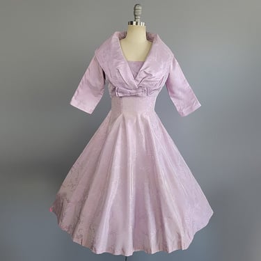1950s Dress Set/ 1950s Lavender Floral Brocade Dress Set / 1950s Fit & Flare Dress / 1950s Purple Party Dress / Size Small 