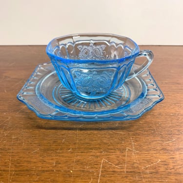 Vintage Anchor Hocking Mayfair Blue Tea Cup and Saucer 