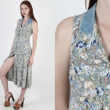 90s Denim Collar Button Down Floral Grunge Dress 