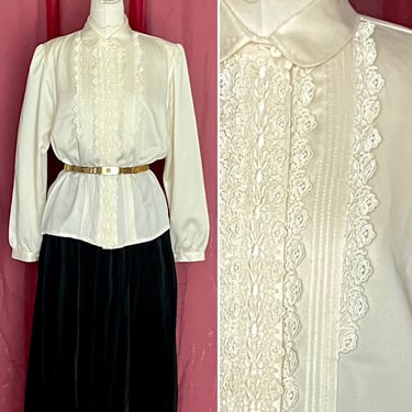 Vintage Lacy Creamy Blouse, Tiny Pleats, Edwardian Lace Jabot, Victorian, Frilly Top Shirt, XL 