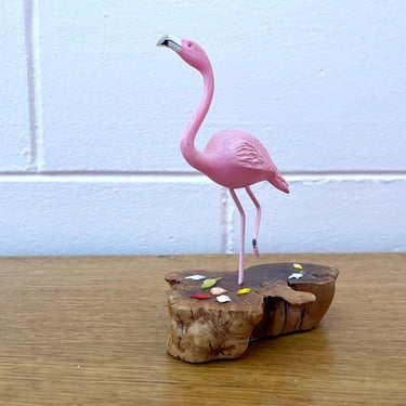 Vintage 1950s Resin Flamingo  Sculpture Figurine Statue on Burlwood by John Perry 