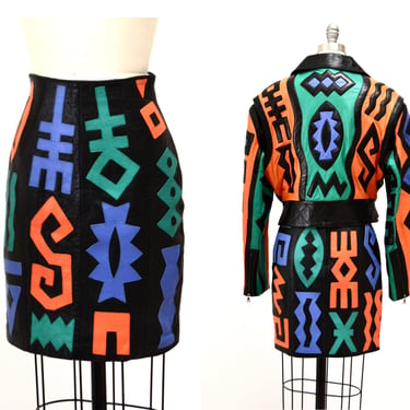 90s Vintage Patch Work Leather Skirt Black Orange green Tribal Africa Pop Art Skirt by Michael Hoban North Beach Size XS Small 