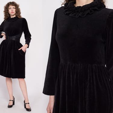Vintage Black Velvet Ruffle Collar Midi Dress - One Size | 70s 80s Saybury Long Sleeve Oversized House Dress 