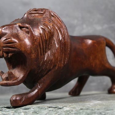 Hand Carved Wooden Lion Figurine | Lion Sculpture | Male Lion Roaring | Vintage Wood Carving | Repaired Leg 