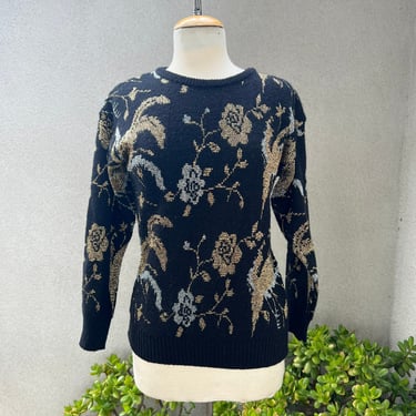 Vintage Cristina’s pullover glam sweater black knit with metallic silver gold floral Sz M 