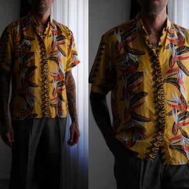 Vintage 90s Avanti Hawaiian Dandelion Birds of Paradise Print Silk Shirt | 100% Silk | 1990s Designer Retro 1950s Style Silk Aloha Shirt 