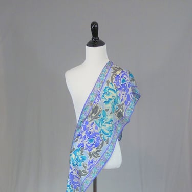 Vintage Long Vera Scarf - Floral Purple Blue Gray White - Designer Vera Neumann - about 53" long 