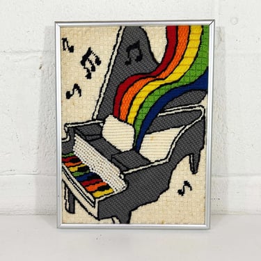Vintage Rainbow Piano Needlepoint Kitsch Retro Wall Hanging Kitschy Nursery Kids Room Kids Decor 1980s 80s Dopamine Decor Colorful Home 