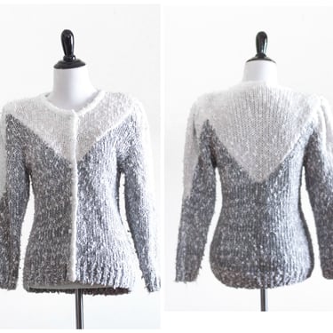 1980s nubbly gray and white knit cardigan 