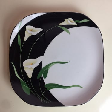 Vintage 1980s Ceramic Serving Platter or Plate Quadrille Black Lillies by Sango 