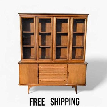 Mid Century Walnut Buffet and Hutch Cabinet, Storage, MCM, Wood, Unique, by Young Manufacturing Co. 