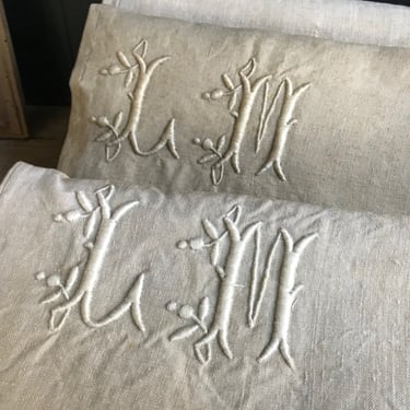 French Heirloom Linen Sheet, Homespun, Dowry, Trousseau, Embroidered Monogram, 84 x 106, Queen, Twin XL, Twin, Sold by Each, 2 Available 