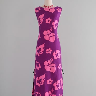 Fantastic 1960's Magenta Hibiscus Hawaiian Gown by Hookano / M/L