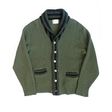 vintage cardigan / grandpa cardigan / 1960s Towncraft green waffle knit shawl collar cardigan Large 