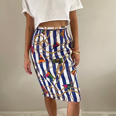 90s nautical skirt / vintage blue striped nautical flag and rope novelty print knee length straight skirt | 25-29 Waist 