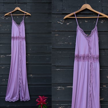 1970s Flair Lingerie Slip Dress | Lilac Honeymoon Vintage Sheer High Slit Lace Nightgown | See Through Purple Lace Boho Maxi Dress 