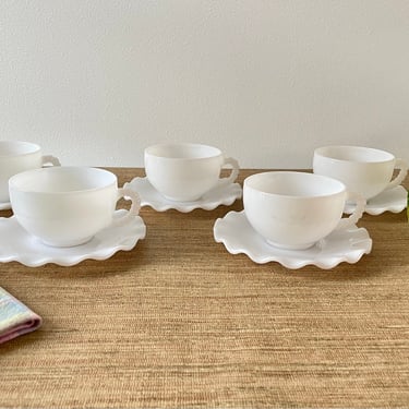 Vintage Hazel Atlas Milk Glass Cups and Saucers - Beaded Handles - Scalloped Saucers - White Milk Glass Cups - Wedding Bridal Shower Decor 