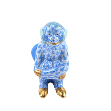 Herend animal figurine, blue fishnet monkey 15386, Hand painted Hungarian porcelain, Exotic Animals Collection 