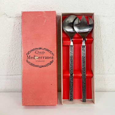 Vintage 1960s Mediterrania Oneida Custom Stainless Salad Serving Set Satin Black Accent Mid-Century Retro Kitchen Deadstock NOS Steel Japan 