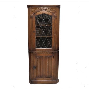 Vintage Wooden Cabinet | English Tiger Oak Linen Fold Corner Cabinet 