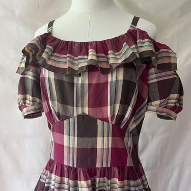 40s Burgundy & Brown Cotton Plaid Western Ruffle Off Shoulder Maxi Dress Size M / L 