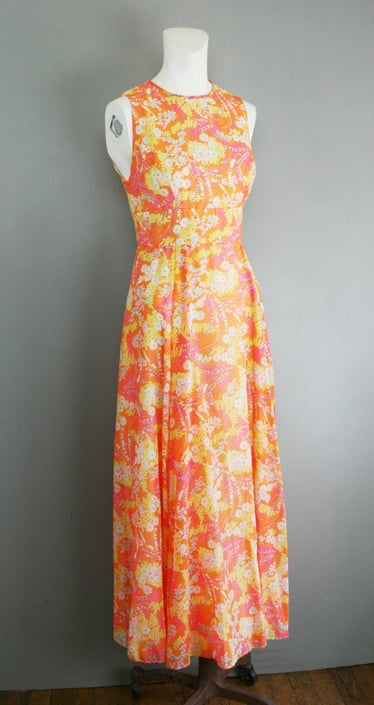 Orange - Hot Pink - Turquoise - 1970's Chiffon - Party Dress - Estimated size 4-6 