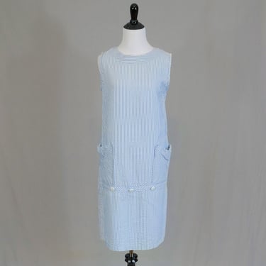 60s Seersucker Dress - Blue White Nautical Stripes - Sleeveless Summer Dress - Vintage 1960s - XS S 