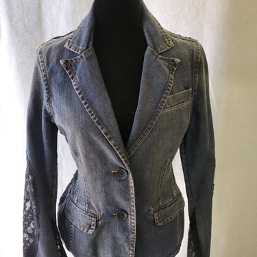 Black Denim Blazer, Vintage Blazer, Denim Blazer, Black Lace Blazer, Redesigned by Amanda Alarcon Hunter, Denim Jacket,  Designer Jacket 