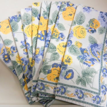 Set of 9 French Floral Garden Printed Napkins~ Vintage Country Cottage Blue Yellow Table Linens~Shabby Chic Tea Party Lucheon Fabric Napkins 