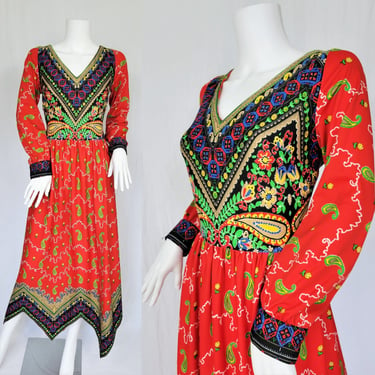 1970's Red Paisley Tapestry Folk Print Handkerchief Hem Long Maxi Dress I Sz Med I Border Print 