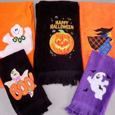 Vintage 80s Embroidered Halloween Hand Towels / Orange & Black / Jack O' Lanterns, Flying Witch, Ghosts 
