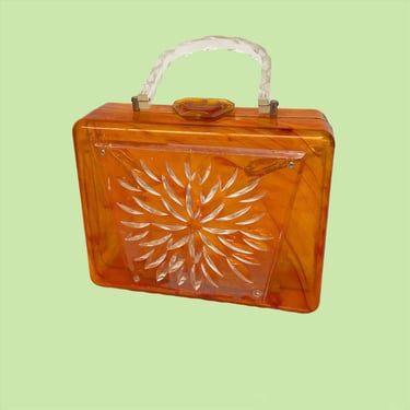 Vintage Box Purse Retro 1960s Tortoise Plastic and Clear Lucite + Hard Shell + Top Handle + Amber + Evening Bag + Womens Accessory 