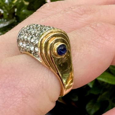 80s Crystal Pave Blue Cab Scroll Gold Ring Size 6