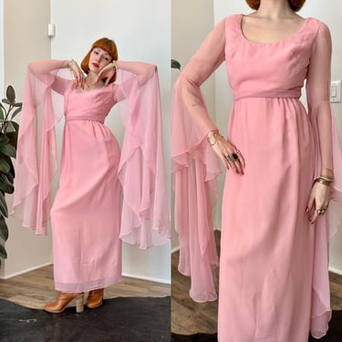 Vintage 1960s Dress / 60s Miss Elliette Angel Sleeve Dress / Pink ( XS S ) 