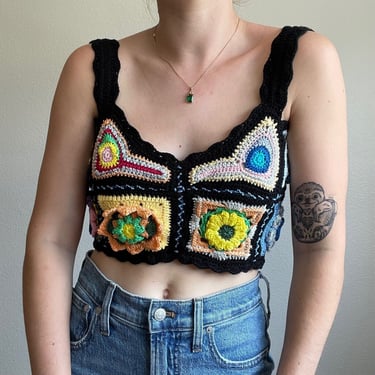 Maridruna Handmade Knitwear Rainbow Multicolor Hippie Crochet Crop Top Sz M 