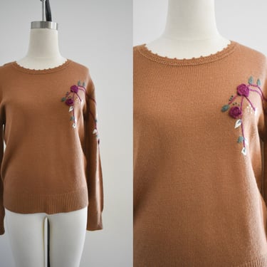 1970s Brown Sweater with Floral Embroidery 