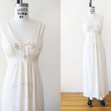 Vintage 70s Cream Off White Nightie Slip Dress S - 1970s Lace Slinky Long Empire Waist Nightgown - Vintage Lingerie Boudoir Pin Up 