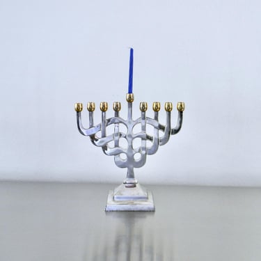 Vintage 90s 2 Tone Tree of Life Fred Hollinger Menorah, Polished Glam Silver Menorah, Post Modern, Vintage Judaica 