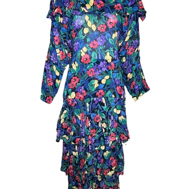 Norma Kamali Late 90s Multicolor Florals Rayon 2 Piece Ensemble