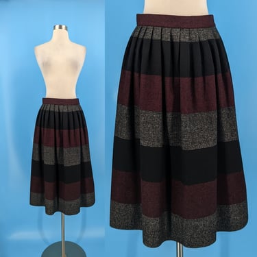 Vintage 80s XS Poly Wool Blend Striped Pleated Mid Length Skirt - Eighties Wool Blend A-line Midi Skirt 