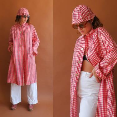 Vintage 60s Red Gingham Raincoat and Cap/ 1960s Long Jacket and Bucket Hat/ Size Medium 