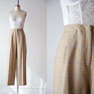 high waisted pants | 90s y2k vintage Talbot's cream brown blue wool plaid checkered pleated dark academia wide leg trousers 