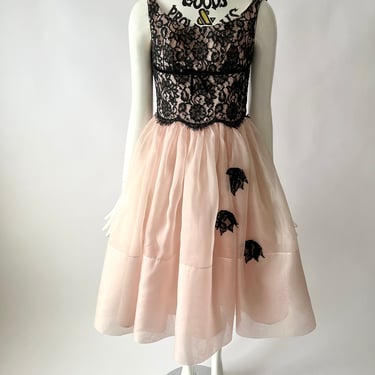 Vintage Lace Dress:  Black and Pink, Full Skirt, 1950's, Size Extra Small 