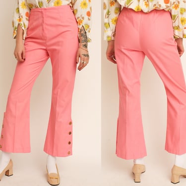 Vintage 1970s 70s Bubblegum Pink High Waisted Flared Pants Trousers w/ Button Decoration 
