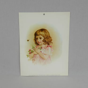 70s 80s Reproduction Maud Humphrey Victorian Print - Pretty Girl with Bumble Bee and Flowers - Vintage 1970s 1980s - 8 1/2