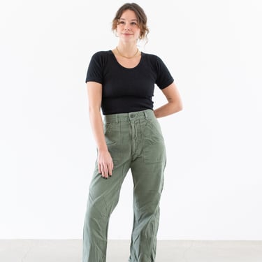 Vintage 32 Waist Olive Green Army Pants | Unisex Utility Fatigues Military Trouser | Button Fly | F479 
