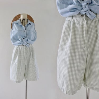 sage micro gingham denim shorts 28-30 